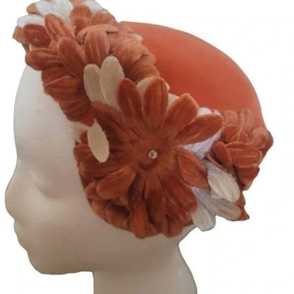 Vintage 1940's Millinery Burnt Orange and Cream Velvet and Rhinestone Floral Hat - Picture 4 of 5